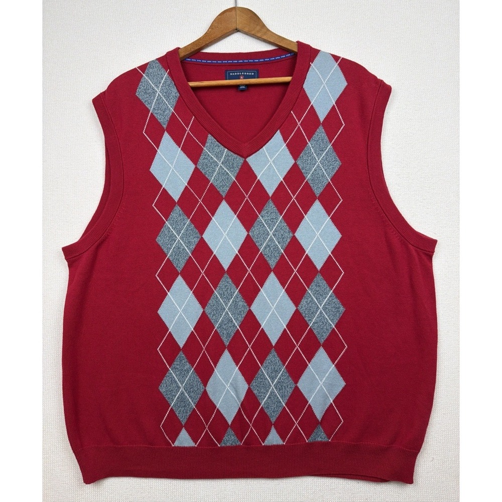 Saddlebred Men's V Neck Argyle‎ Sweater Vest Red Gray XL 100% Cotton Preppy Golf - Picture 6 of 10